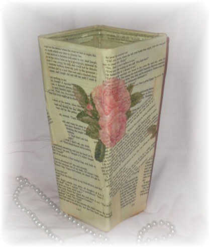 decoupaged vintage book page vase