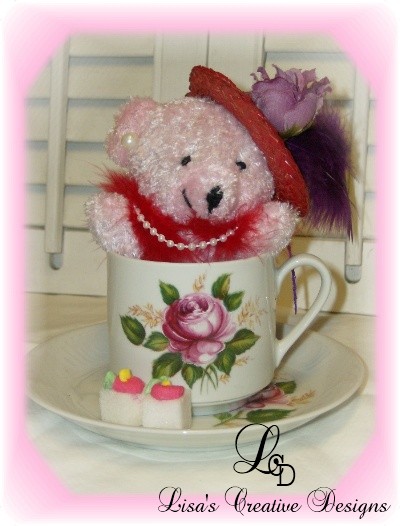 red hat lady teddy bear tea cup