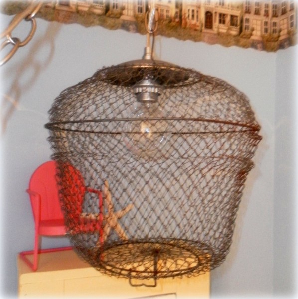 upcycled bait cage pendant lamp