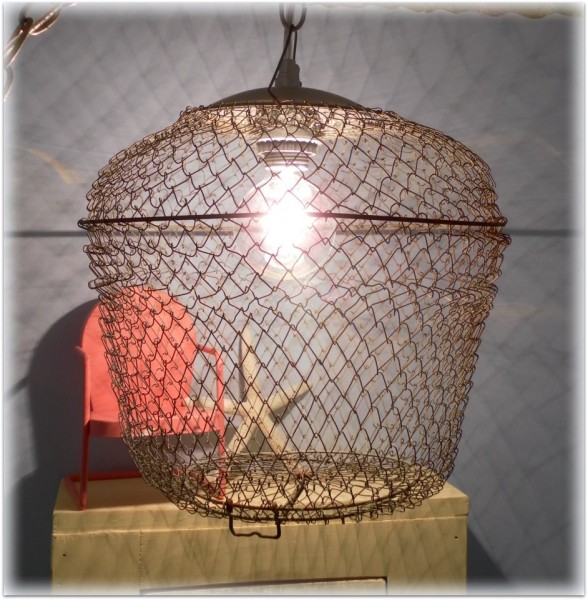upcycled bait cage pendant light