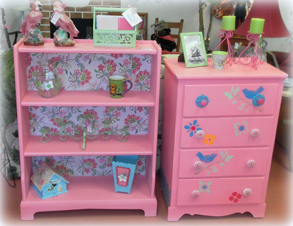 Whimsical Upcycled Bubble Gum Pink Dresser and Bookshelf