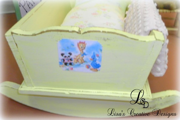 yellow upcycled doll cradle