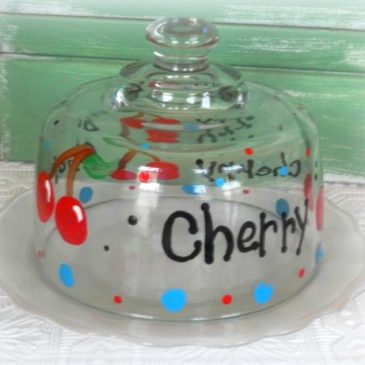 Hand Painted Cherry Glass Cloche / Cheese Ball Dish