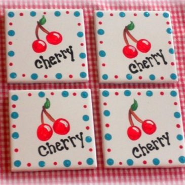 Hand Painted Cherries Ceramic Tile Coaster Set