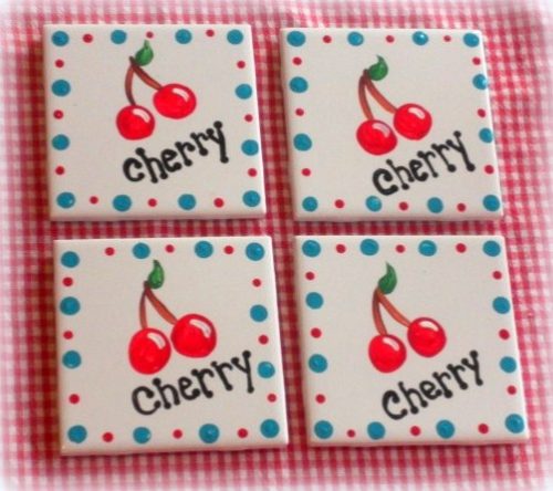Hand Painted Cherry Ceramic Tile Country Coaster Set