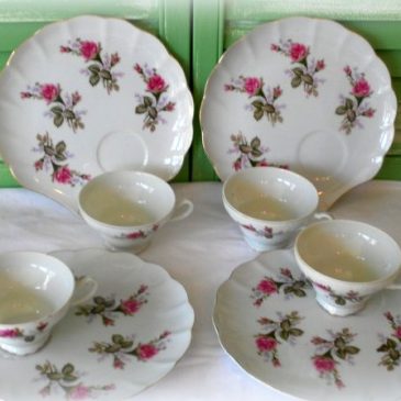 Four Vintage Moss Rose China Luncheon Snack Sets