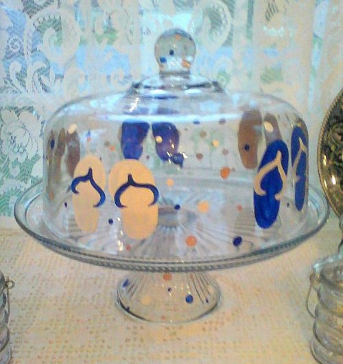 Hand Painted Flip Flop Domed Glass Cake Stand Beach Cottage Decor