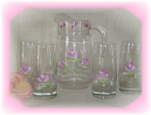 Hand Painted Shabby Rose Glass and Pitcher Set