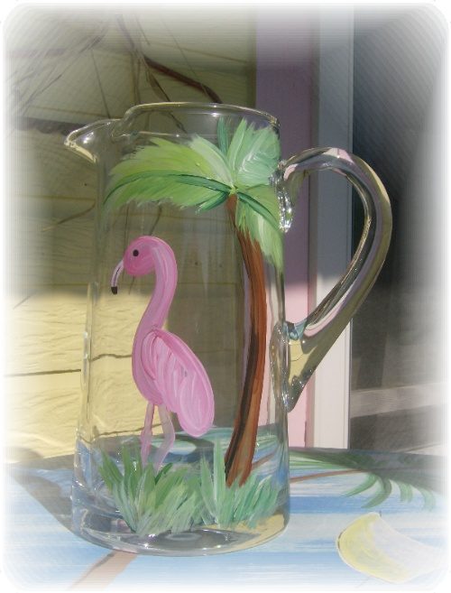 hand painted flamingo and palm tree pitcher