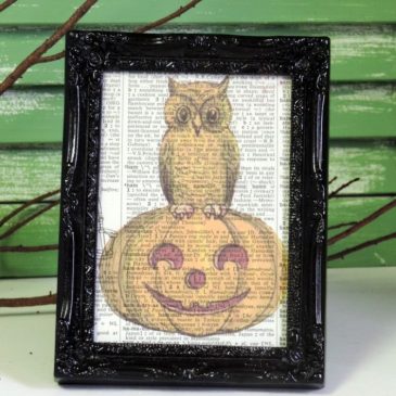 Framed Vintage Halloween Inspired Book Page – Owl and Pumpkin