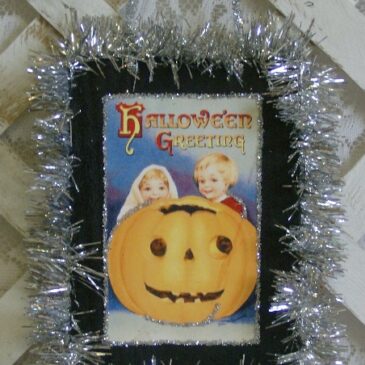 Vintage Inspired Halloween Postcard “Halloween Greetings” Plaque