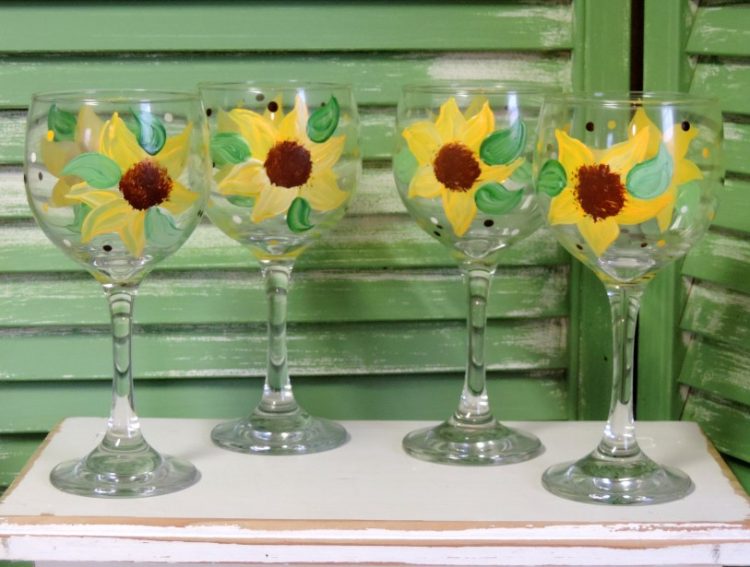 Hand Painted Sunflower Glass Goblet 