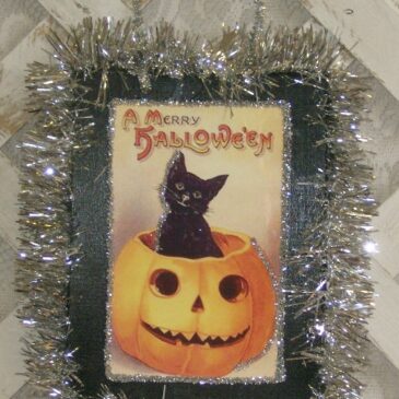 Vintage Victorian Halloween Postcard “Witch & Kitty” Plaque