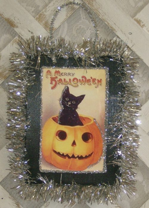 Vintage Victorian Halloween Pumpkin and Kitty Plaque