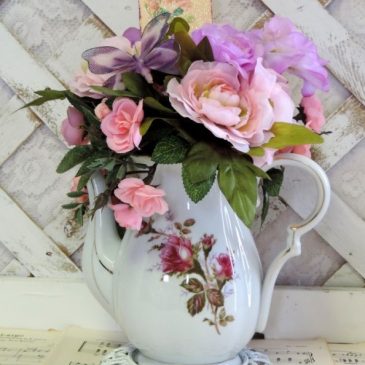 Vintage Shabby Rose Teapot Silk Floral Arrangement Centerpiece