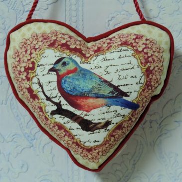 Vintage Inspired Bird Heart Shaped Hanging Accent Pillow