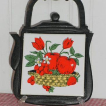 Vintage Teapot Shaped Cast Iron and Tile Apple Kitchen Trivet