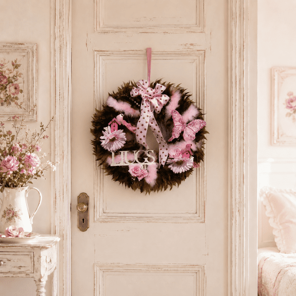 pink and brown feather wreath hanging on a door