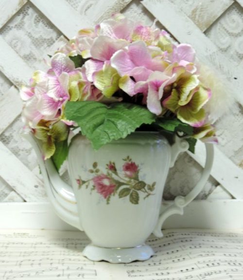 Upcycled Pompadour Rose Chia Tea Pot Floral Arrangement