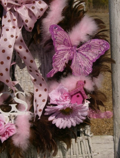 Shabby Cottage Chic Pink and Brown Feather Wreath Cottage Inspired Decor