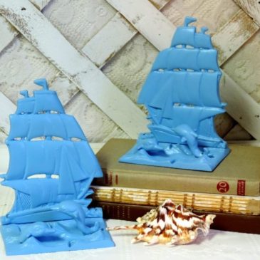 Turquoise Painted Vintage Brass Sailboat and Dolphin Bookends