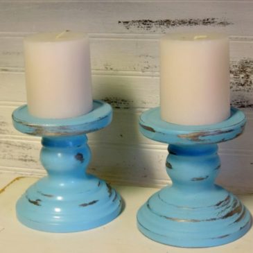 Sky Blue Painted Distressed Pewter Candle Holders