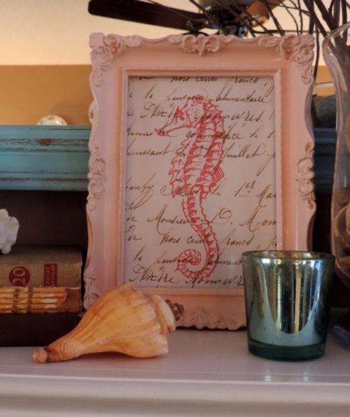 Framed Pink Antique Seahorse Image On French Script