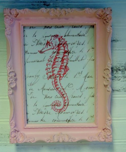 Framed Pink Vintage Seahorse On French Script