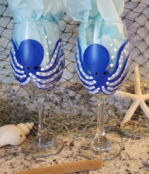Hand painted Blue Octopus Wine Glasses