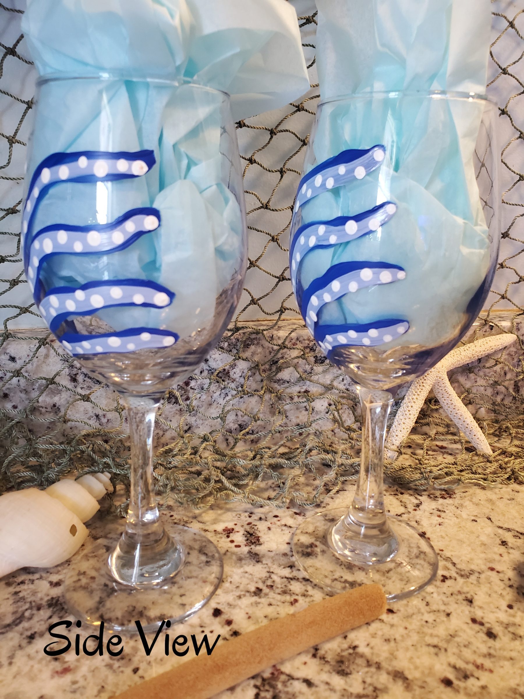 Personalized Hand Painted Blue Octopus Wine Glasses