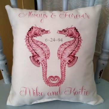 Personalized Pink Vintage Seahorse Wedding Gift Pillow