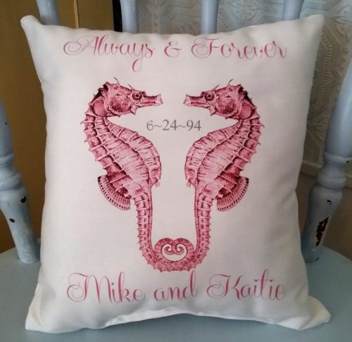 Personalized Pink Seahorse Accent Pillow Wedding Gift, Anniversary Gift