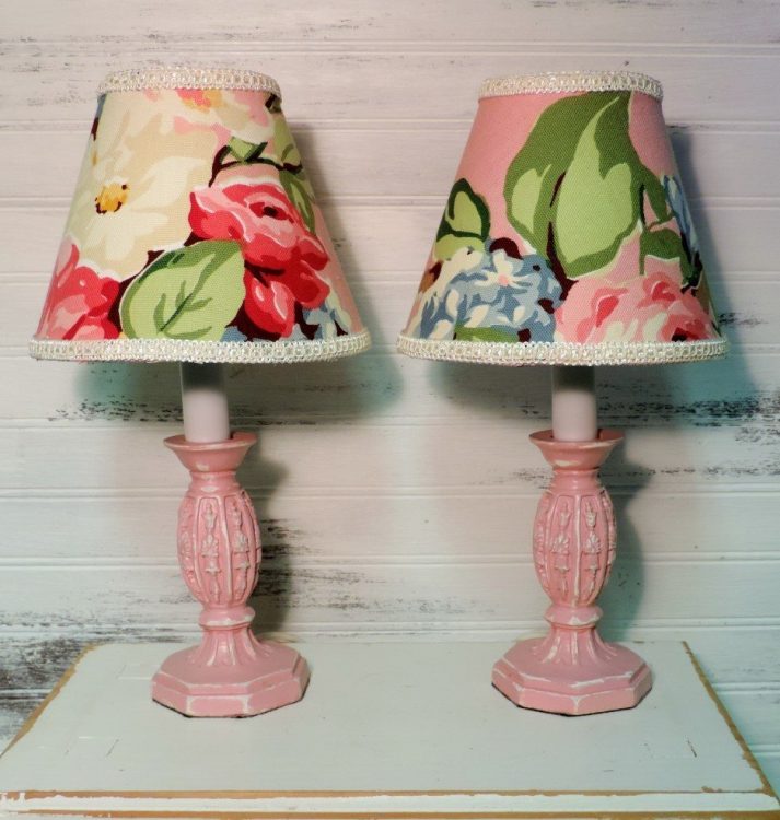 Pair Of Pink Floral Shabby Inspired Night Lights Table Lamps