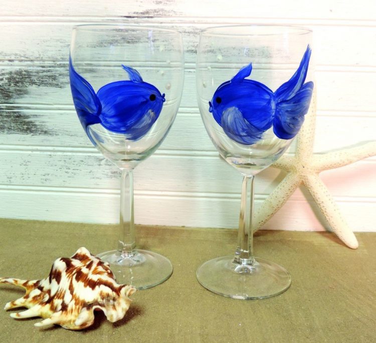 Pretty Blue Fish Hand Painted Wine Glasses, Beachy Housewarming Gift