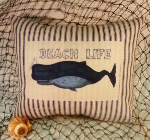 Nautical Blue and White Ticking Whale Pillow