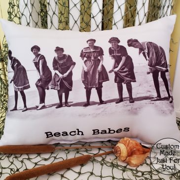 Handmade Vintage Inspired “Beach Babes” Throw Pillow – Coastal Decor