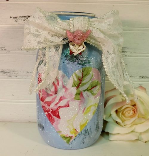 Blue Tanya Whelan Inspired Painted Mason Jar Candle Holder