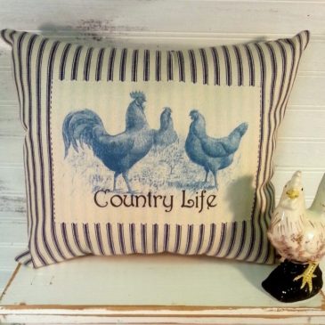 French Farmhouse Country Ticking Rooster Hen Pillow