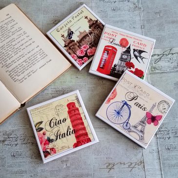 World Traveler European Postcard Inspired Tile Coaster Set