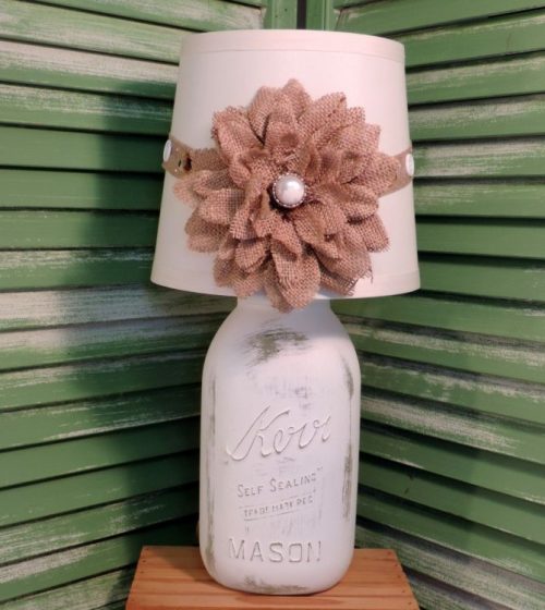 French Country White Mason Jar Lamp with Burlap Floral Shade