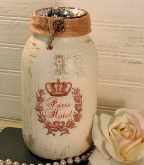 French Paris Hotel Glittered Jar Candle Holder