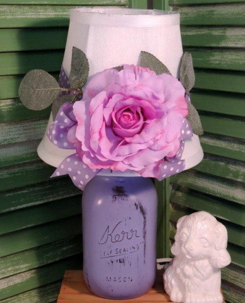 Shabby Chic Purple Mason Jar Lamp With Romantic Rose Shade