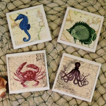 Vintage Sea Creature Nautical Map Ceramic Tile Coaster Set