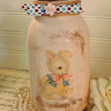 Vintage Inspired Bunny Glittered Mason Jar Candle Holder