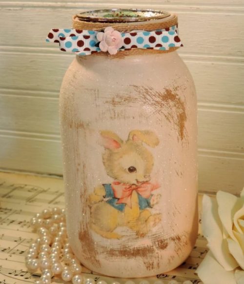 Glittered Shabby Vintage Inspired Bunny Jar Candle Holder