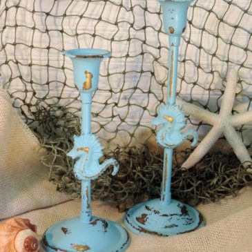 Turquoise Painted Brass Seahorse Candle Holders