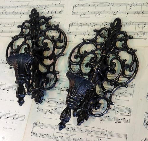 Ornate Black Painted Metal Brass Candle Sconces