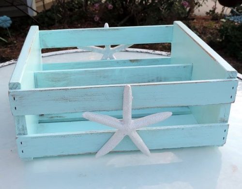 Handmade Beachy Blue Starfish Wine Crate Planter Box Organizer Beach Cottage Decor