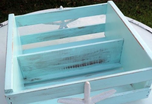 Handmade Beachy Blue Starfish Wine Crate Planter Box Organizer Beach Cottage Decor