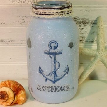Handmade Coastal Vintage Anchor Painted Mason Jar Candle Holder